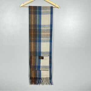 Patrick King Woollen Company merino wool blue plaid 2 pocket fringed scarf.
